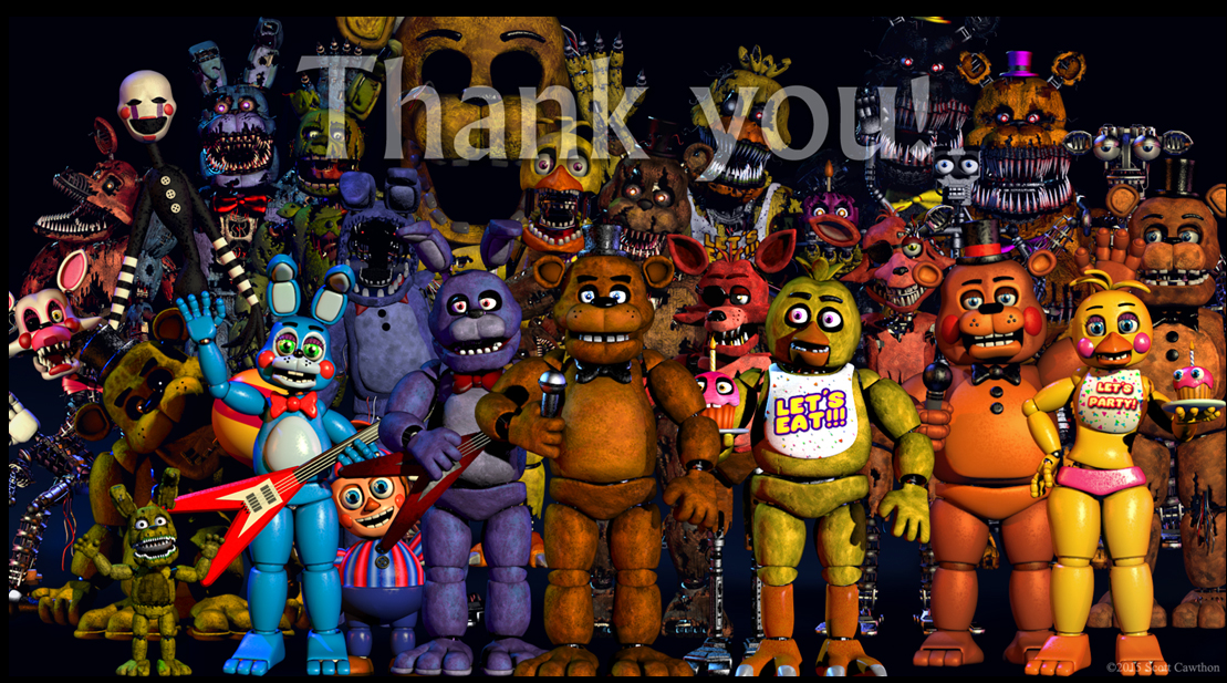 obraz zawierający animatroniki z gry oraz namis 'Thank You'